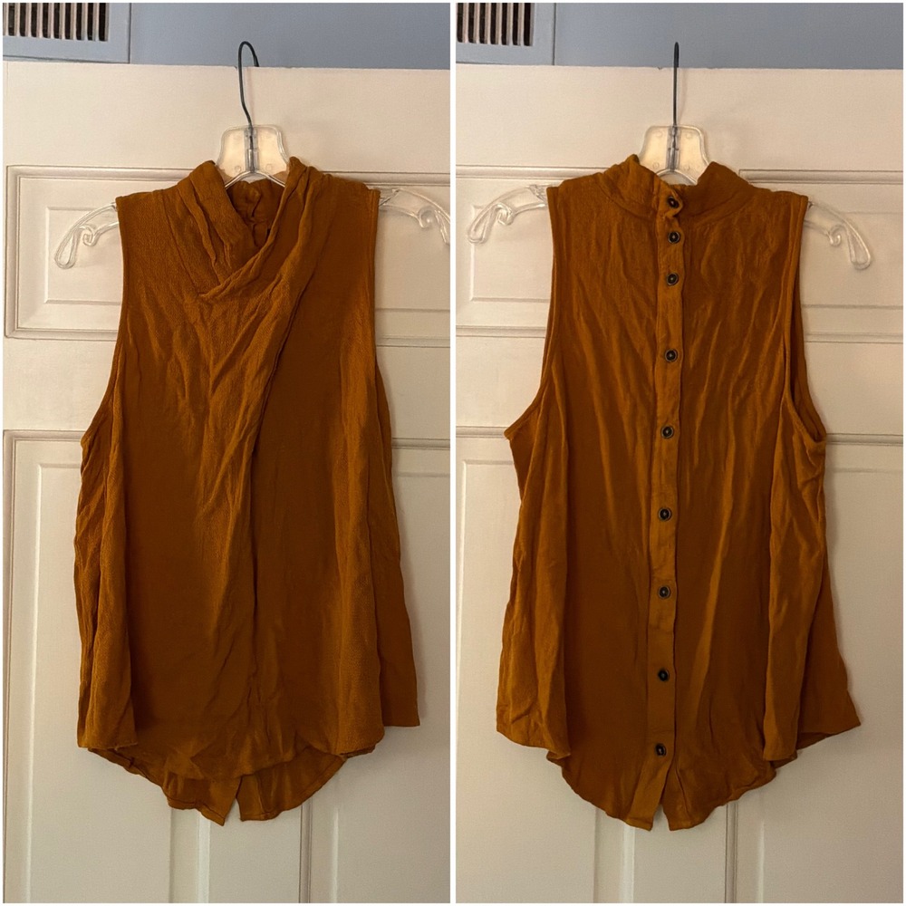 Anthropologie Maeve Mustard Yellow Draped Neck Button Back Blouse 14 Boho Indie